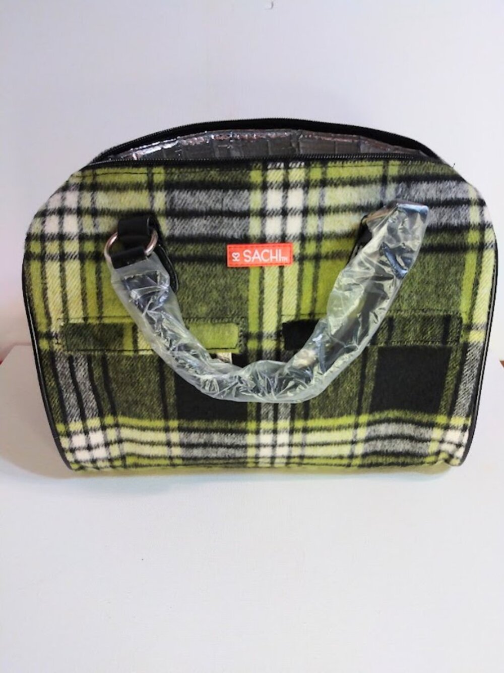 SACHI Insulated Lunch Tote Bag Purse Plaid Green Black Flannel Top Handles NEW - Picture 2 of 9